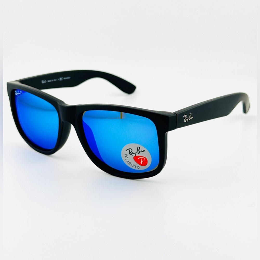 Ray-Ban Justin Sunglasses RB4165 Matte Rubber Black Frame Blue Mirror Lenses - Picture 8 of 15
